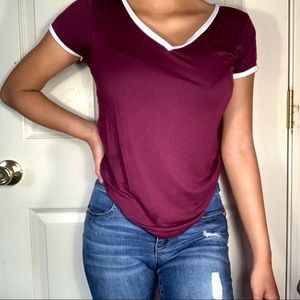 purple v - neck t shirt